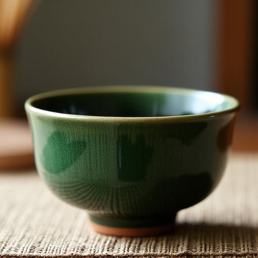 A handcrafted Matcha tea bowl with a deep green glaze.